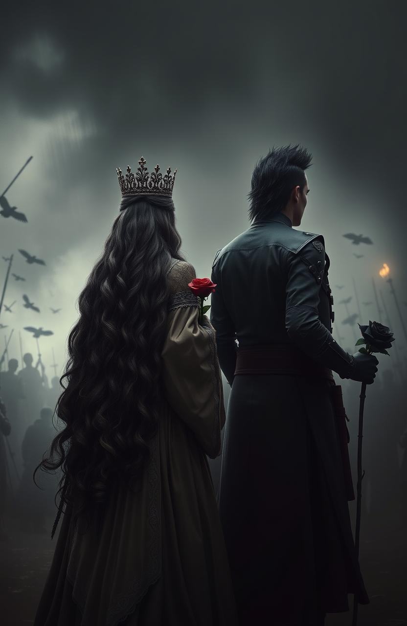 The back view of two soldiers standing tall amidst chaos and darkness
