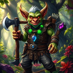 A vibrant and colorful illustration of a goblin set in an enchanting forest filled with rich foliage and dappled sunlight