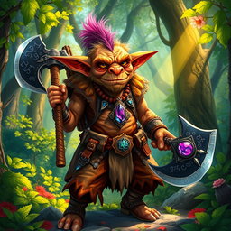 A vibrant and colorful illustration of a goblin set in an enchanting forest filled with rich foliage and dappled sunlight