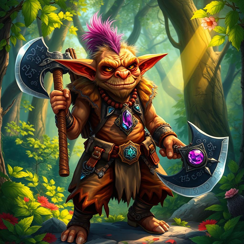 A vibrant and colorful illustration of a goblin set in an enchanting forest filled with rich foliage and dappled sunlight