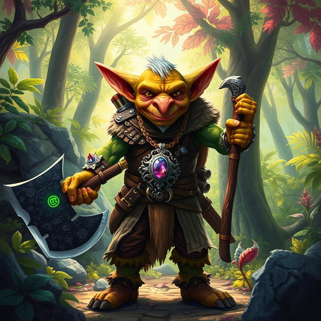 A vibrant and colorful illustration of a goblin set in an enchanting forest filled with rich foliage and dappled sunlight