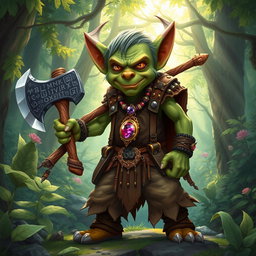 A vibrant and colorful illustration of a goblin set in an enchanting forest filled with rich foliage and dappled sunlight