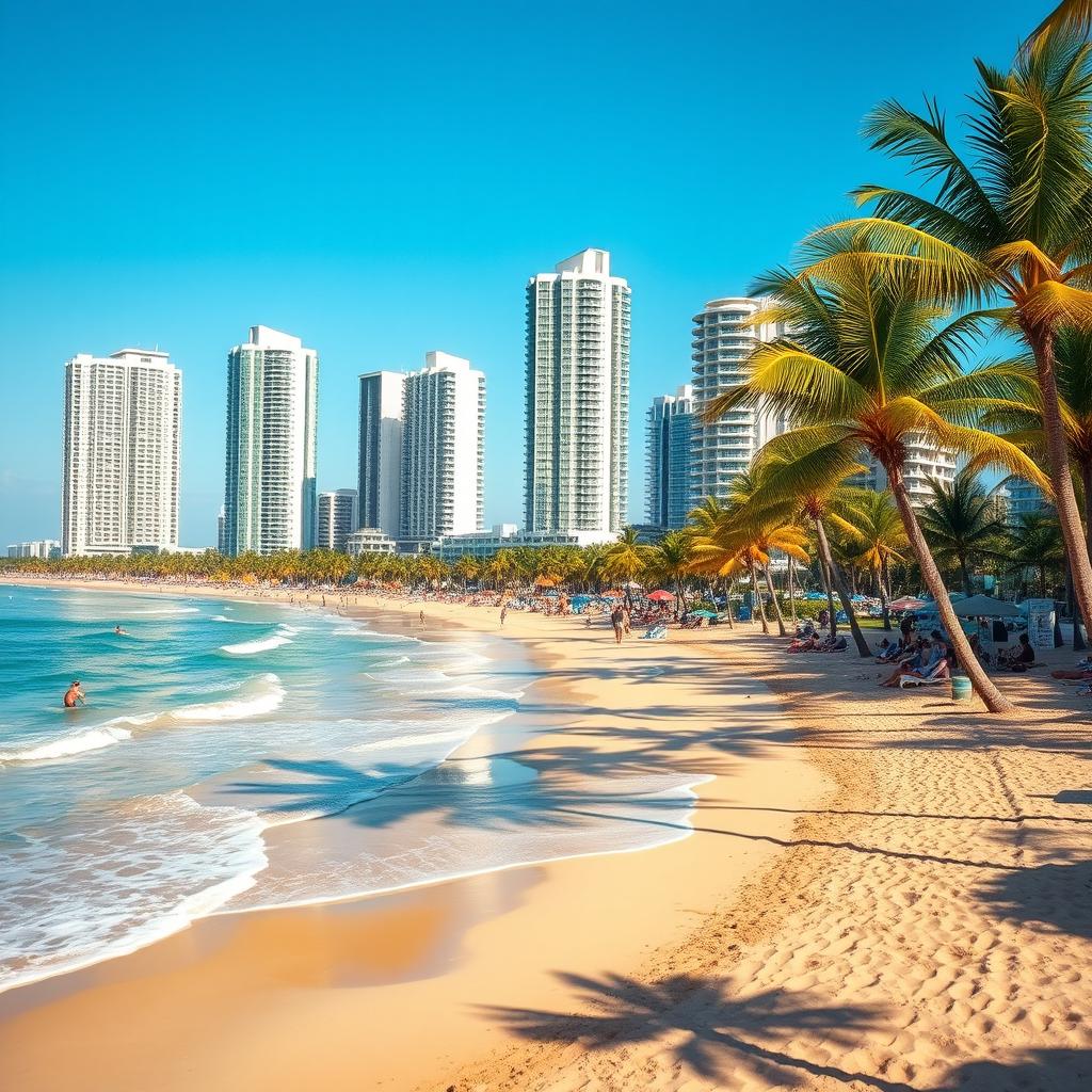 A stunning view of the Oceanside Miami coast, showcasing the vibrant beach life on a sunny day