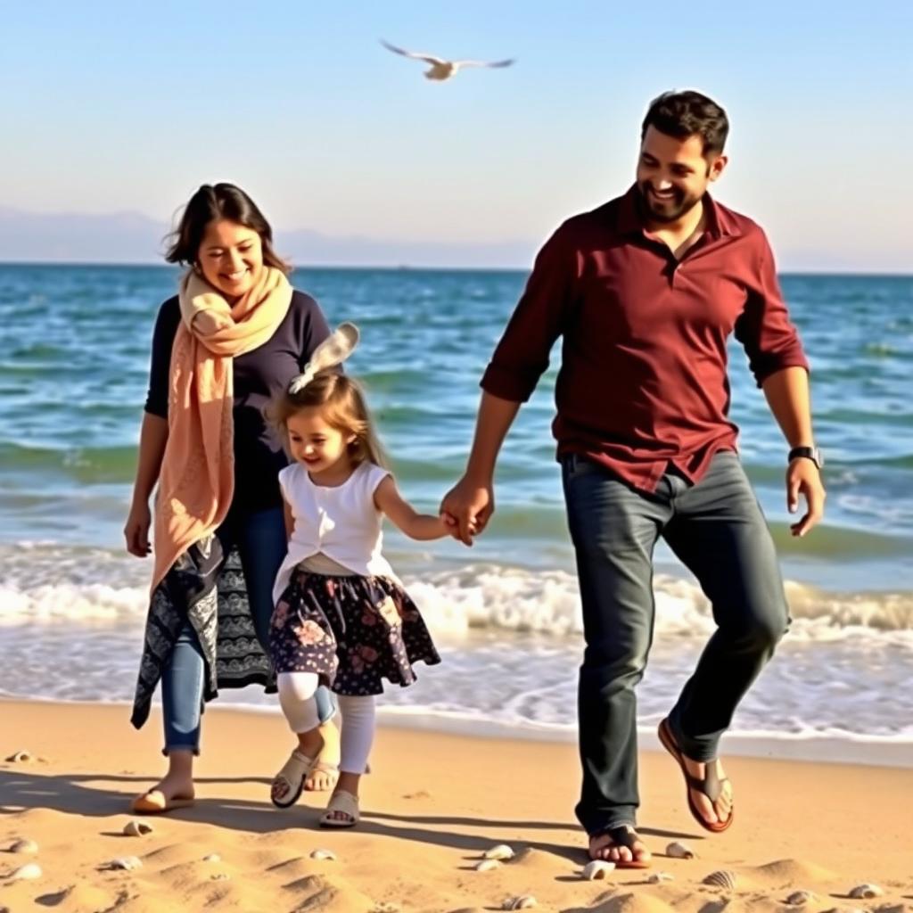 A couple, Abbas and Elham, holding hands with their two-year-old daughter as they walk alongside a picturesque beach