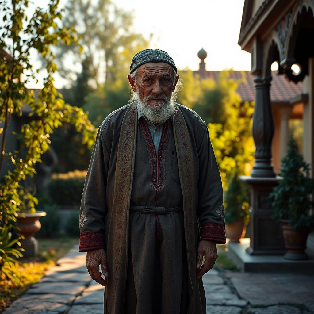 An elderly man in Uzbekistan in the year 1859, standing in the middle of his estate before sunrise