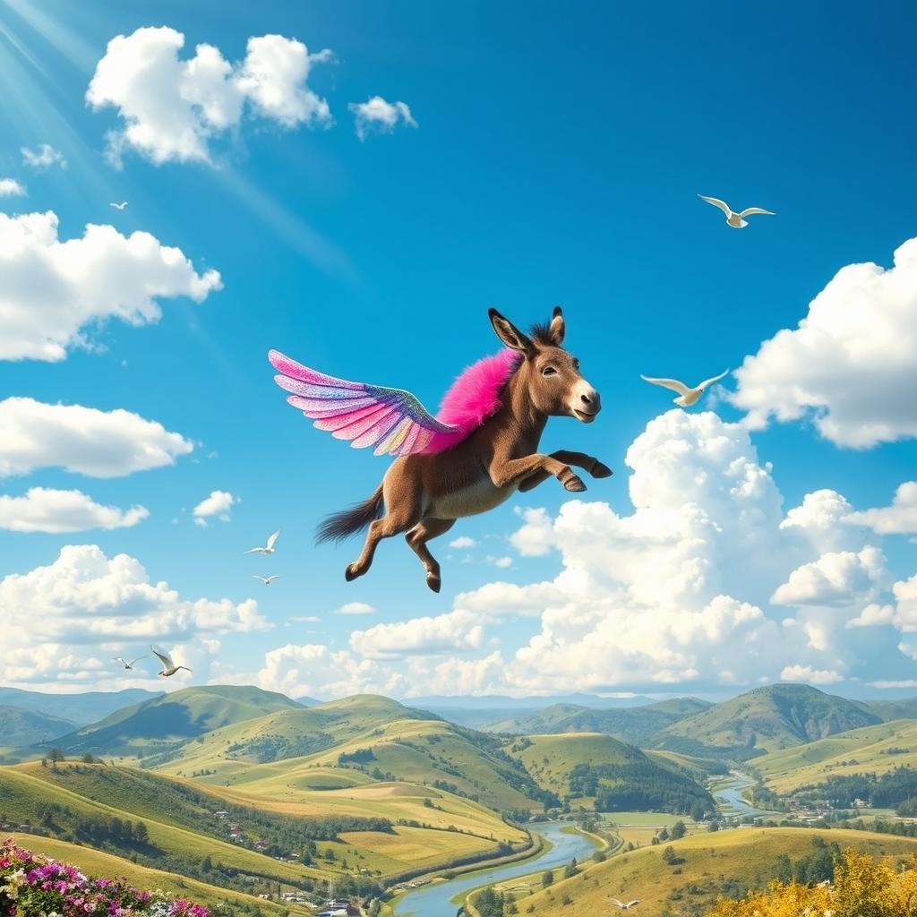 A whimsical scene featuring a flying donkey, joyfully soaring through a bright blue sky dotted with fluffy white clouds