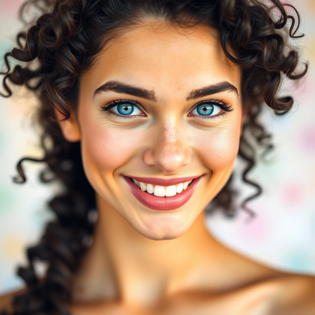A young white woman with curly dark black hair and vibrant blue eyes, showcasing her natural beauty