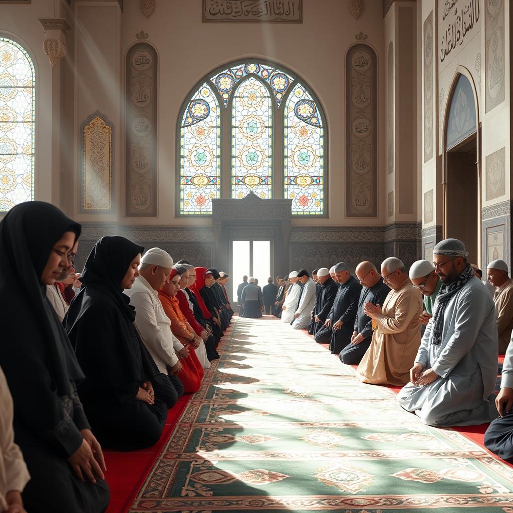 A serene and beautiful interior of a mosque, featuring a diverse group of Muslim men and women engaged in prayer
