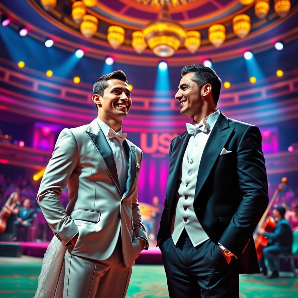 A vibrant and imaginative scene set in a luxurious concert hall with vibrant colors and lively atmosphere