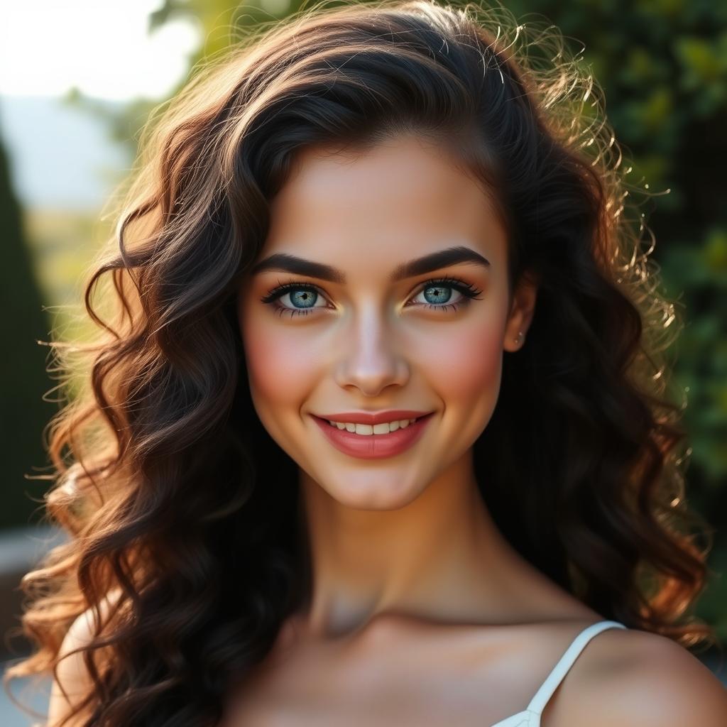 A gorgeous young white woman with long, flowing curly black hair and captivating blue eyes