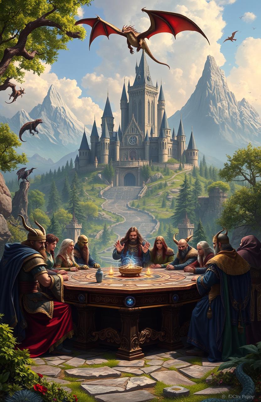 An epic fantasy landscape featuring a fantastical kingdom with a grand castle in the background, looming mountains, and a vibrant forest