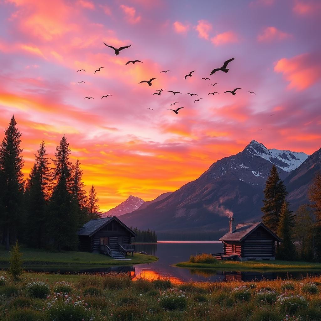 A picturesque mountain landscape during sunset, showcasing vibrant hues of orange and purple in the sky