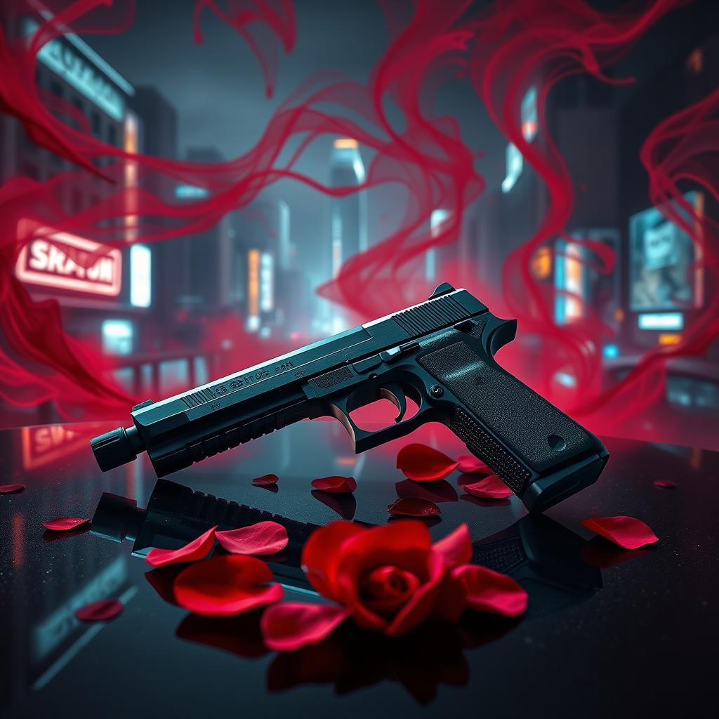 A dramatic and intense scene depicting a sleek, modern firearm resting atop a glossy surface, surrounded by flowing red mist symbolizing blood