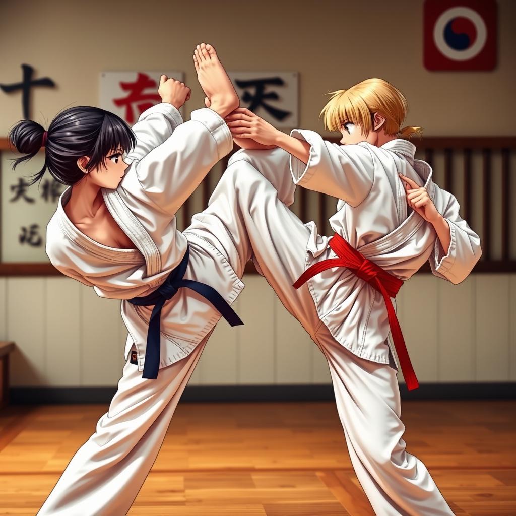 A dynamic and action-packed scene featuring two karateka girls in traditional karate uniforms (gi) engaged in a sparring session