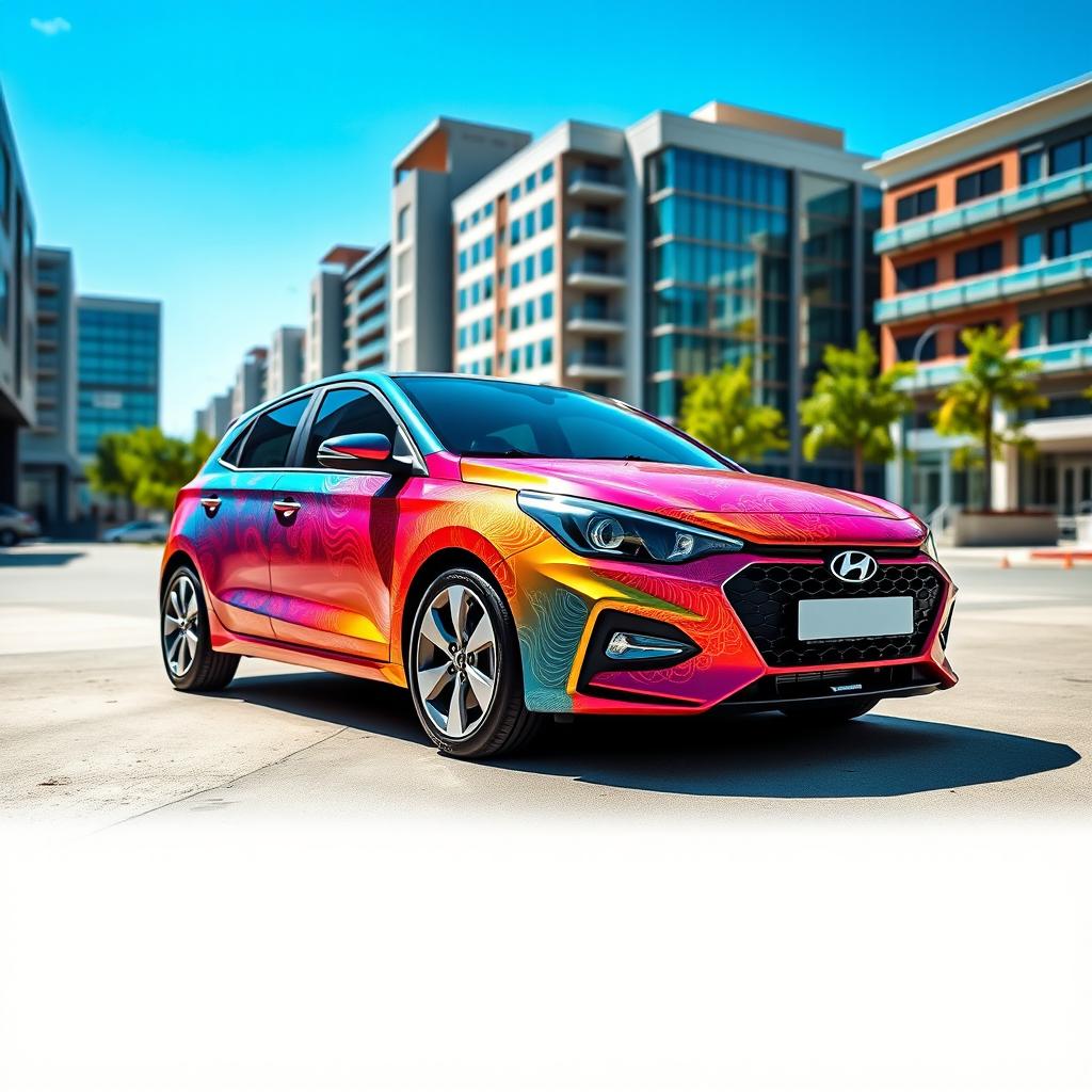 A 2021 Hyundai i20, modified with a stunning one-piece vinyl wrap that showcases a vibrant and eye-catching design