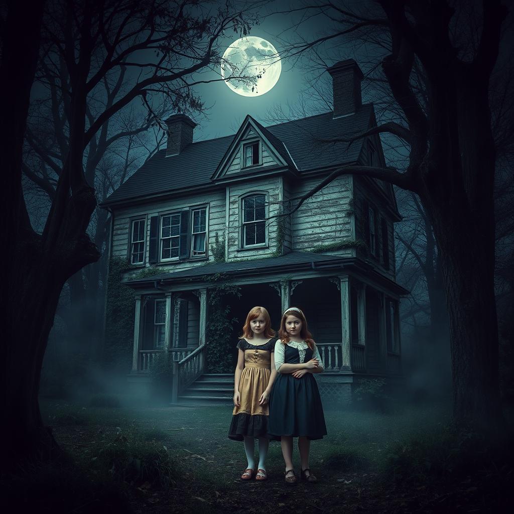 A spooky, abandoned house set in a dark, overgrown forest