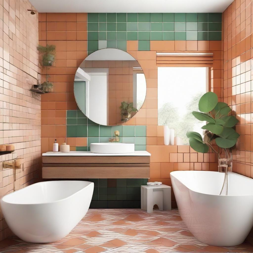 An image of a modernized bathroom showcasing 70's tiles in a contemporary design setting, preserving their vintage charm while adding current bathroom decor features.