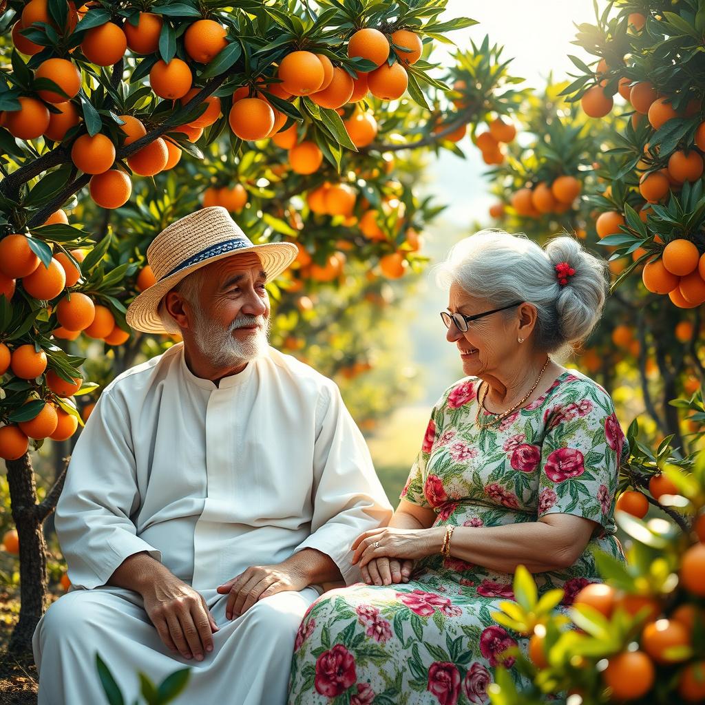 A heartwarming scene depicting an elderly couple sitting together in a lush orange grove