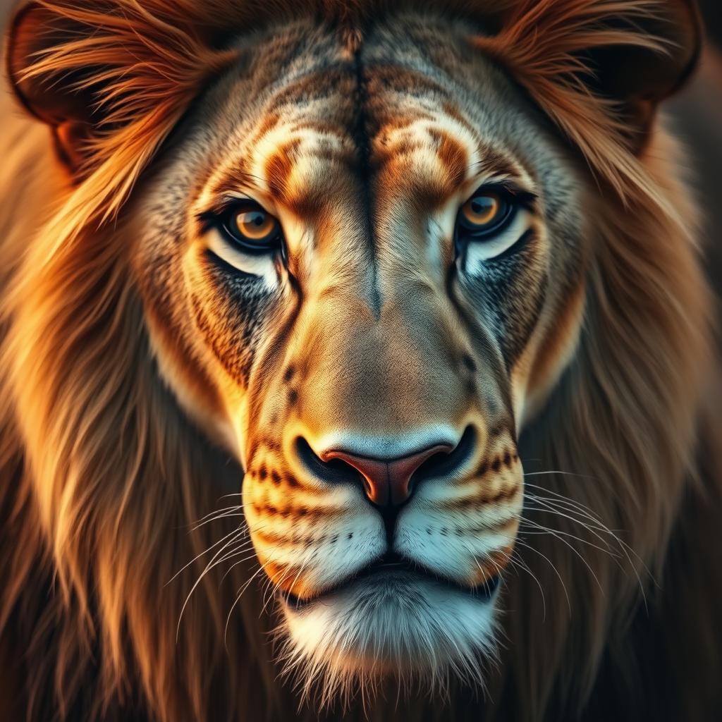 A beautifully detailed and realistic close-up view of a lion's face, capturing the majestic features of the animal