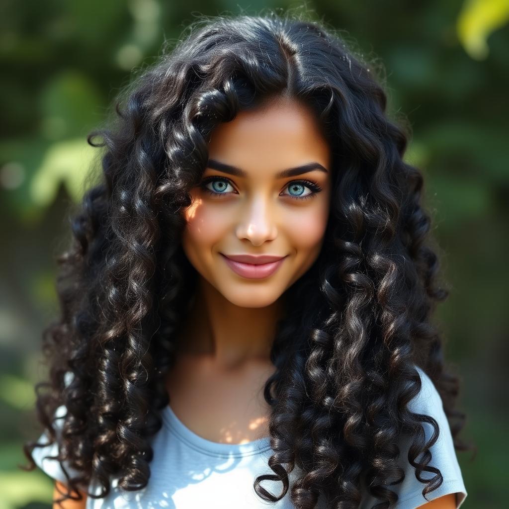 A striking portrait of a pretty young white woman with captivating blue eyes, showcasing her long, thick, super dark black curly hair cascading down her shoulders, illuminated by soft sunlight to highlight the curls' texture