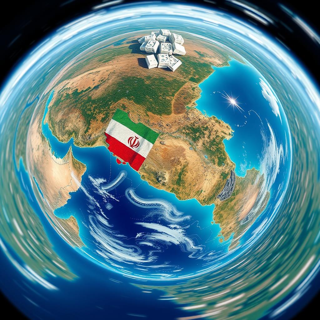 An interactive 360-degree image that combines realistic satellite imagery with 3D textures, showcasing different layers such as sanctions, production, and technology through dynamic shading