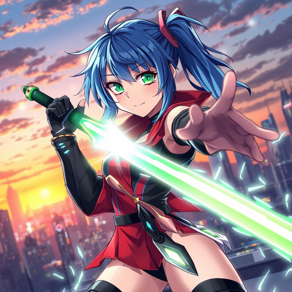 An anime character with striking blue hair and bright green eyes, wearing a stylish black and red futuristic outfit