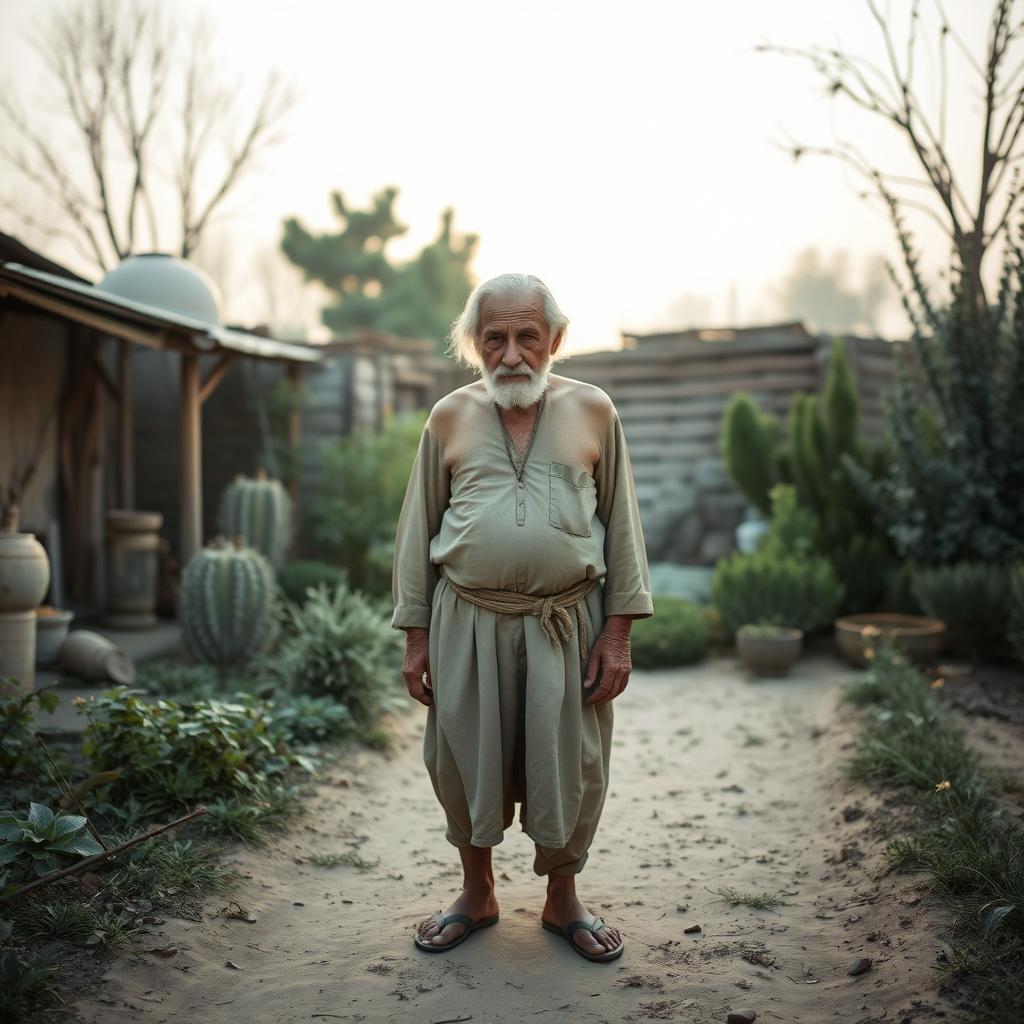 An old man in Uzbekistan in the year 1859, standing in the middle of his modest garden just before sunrise