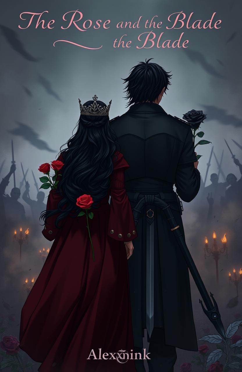 The back view of two soldiers standing in a dark and chaotic environment