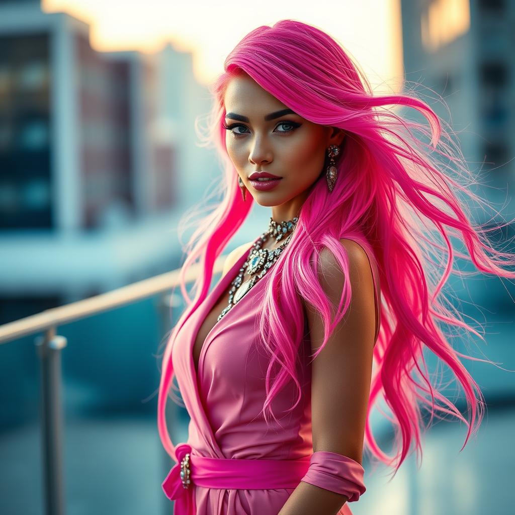 A stunning fashion model with long, flowing pink hair, elegantly posed in a high-fashion setting