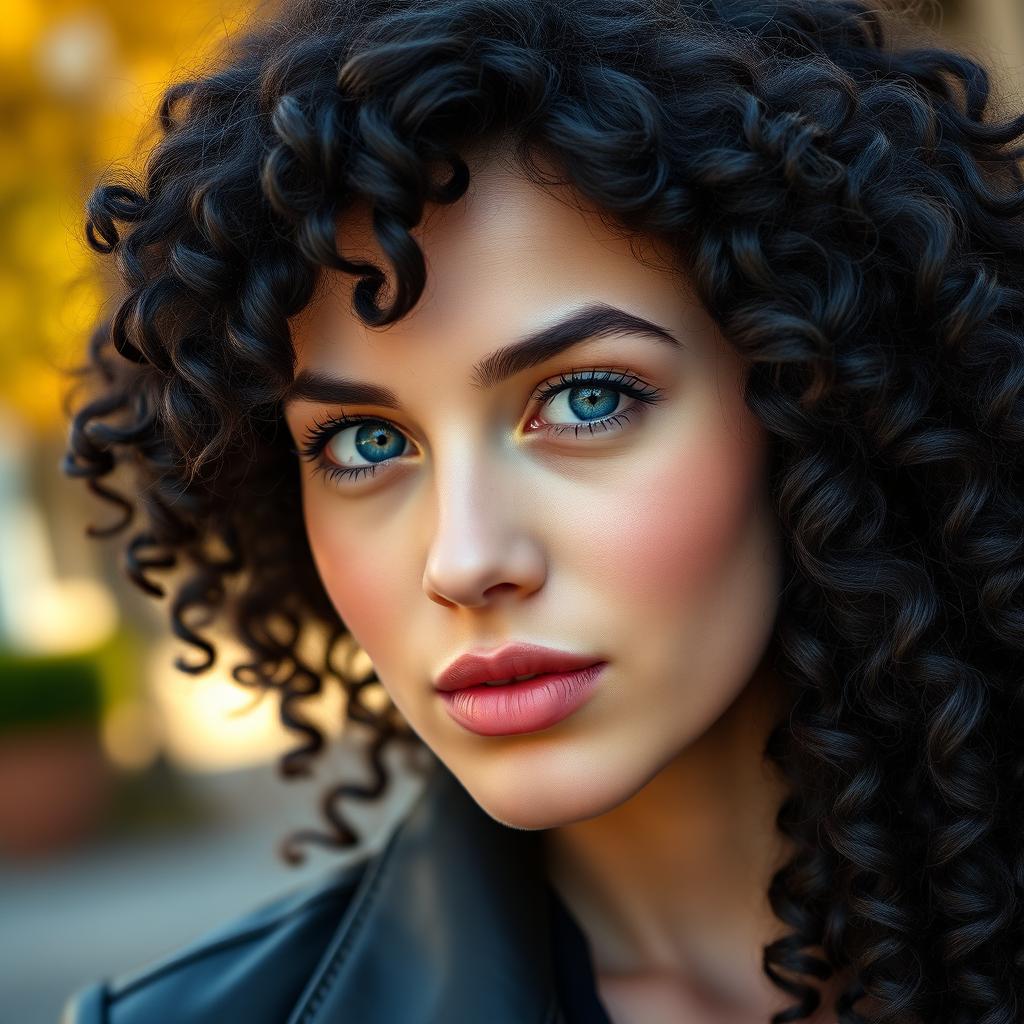 A stunning portrait of a gorgeous twenty-year-old pale white woman with striking blue eyes, high cheekbones, and pouty lips