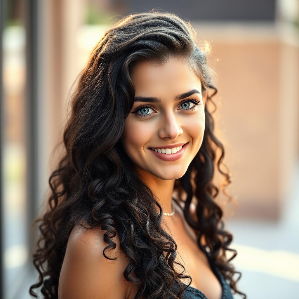 A breathtaking portrait of a gorgeous twenty-year-old Caucasian woman with captivating blue eyes and long, thick, curly, very dark black hair cascading down her shoulders