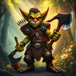 A richly colored illustration of a goblin situated in a vibrant forest