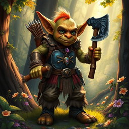 A richly colored illustration of a goblin situated in a vibrant forest