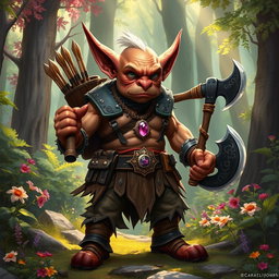 A richly colored illustration of a goblin situated in a vibrant forest