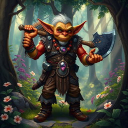 A richly colored illustration of a goblin situated in a vibrant forest