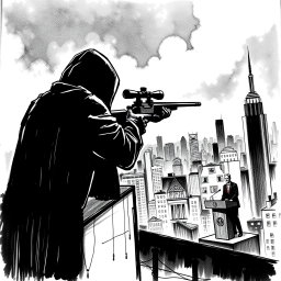 A dramatic black and white drawing depicting a silhouette of a man wearing a hood, standing on the roof of a tall building