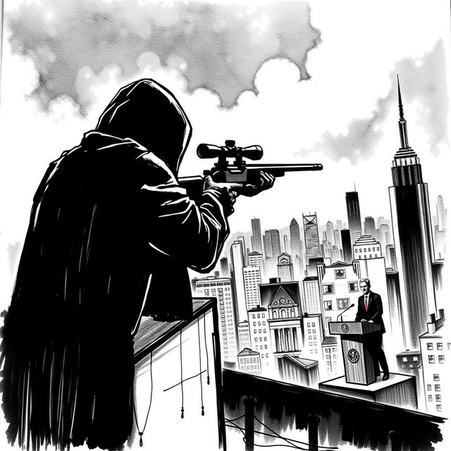A dramatic black and white drawing depicting a silhouette of a man wearing a hood, standing on the roof of a tall building