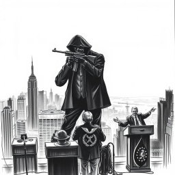 A dramatic black and white drawing depicting a silhouette of a man wearing a hood, standing on the roof of a tall building