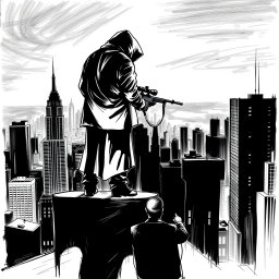A dramatic black and white drawing depicting a silhouette of a man wearing a hood, standing on the roof of a tall building