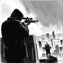 A dramatic black and white drawing depicting a silhouette of a man wearing a hood, standing on the roof of a tall building