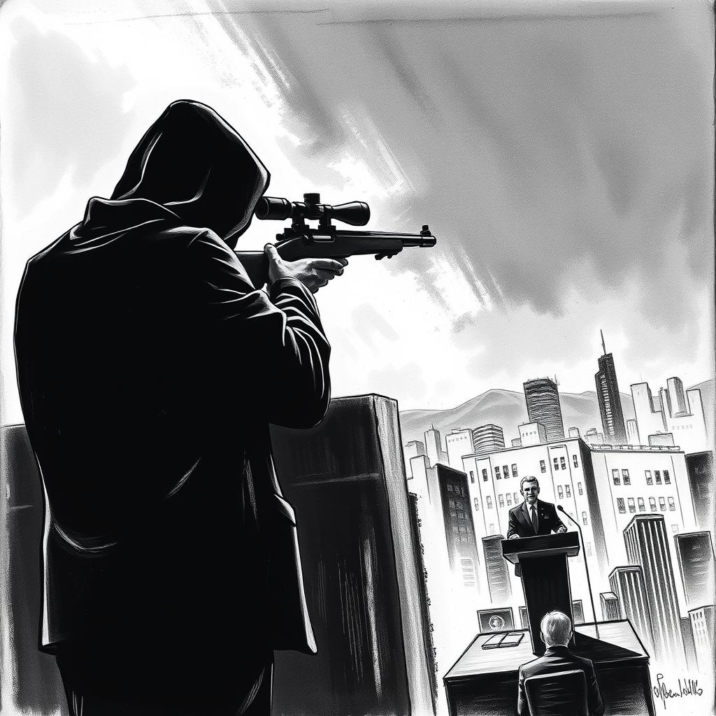 A dramatic black and white drawing depicting a silhouette of a man wearing a hood, standing on the roof of a tall building