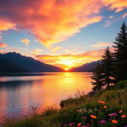Reimagine a stunning landscape photograph capturing a serene lake surrounded by majestic mountains during sunset