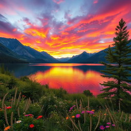 Reimagine a stunning landscape photograph capturing a serene lake surrounded by majestic mountains during sunset