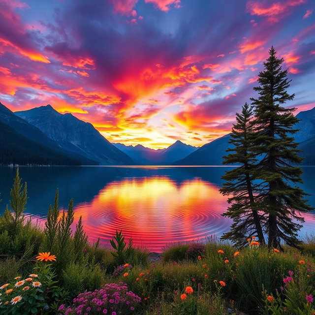 Reimagine a stunning landscape photograph capturing a serene lake surrounded by majestic mountains during sunset