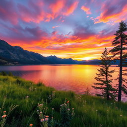Reimagine a stunning landscape photograph capturing a serene lake surrounded by majestic mountains during sunset