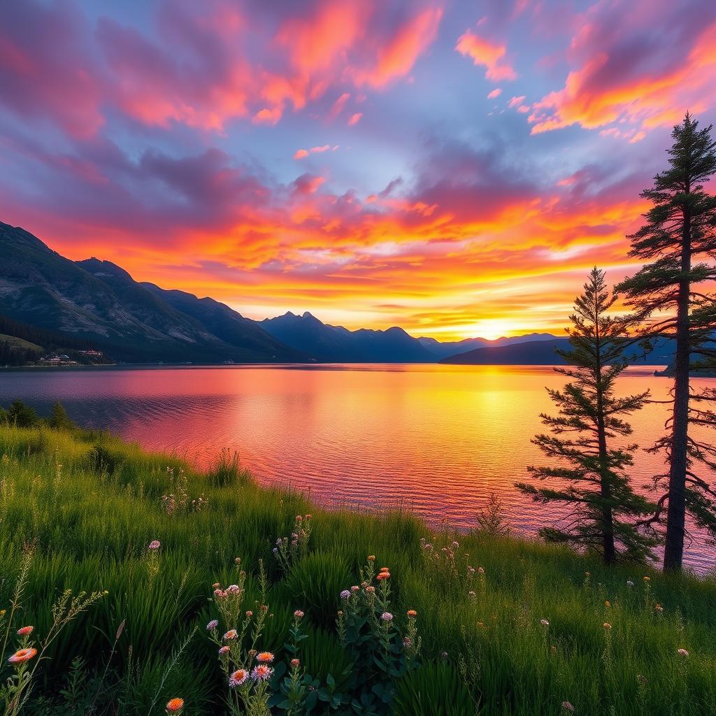 Reimagine a stunning landscape photograph capturing a serene lake surrounded by majestic mountains during sunset