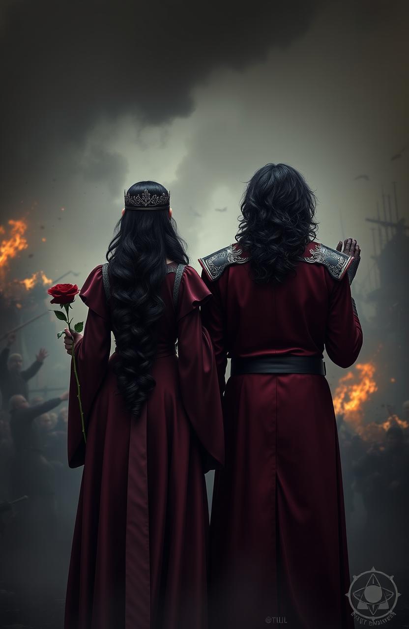 The image depicts the back of two soldiers standing boldly amid chaos and darkness