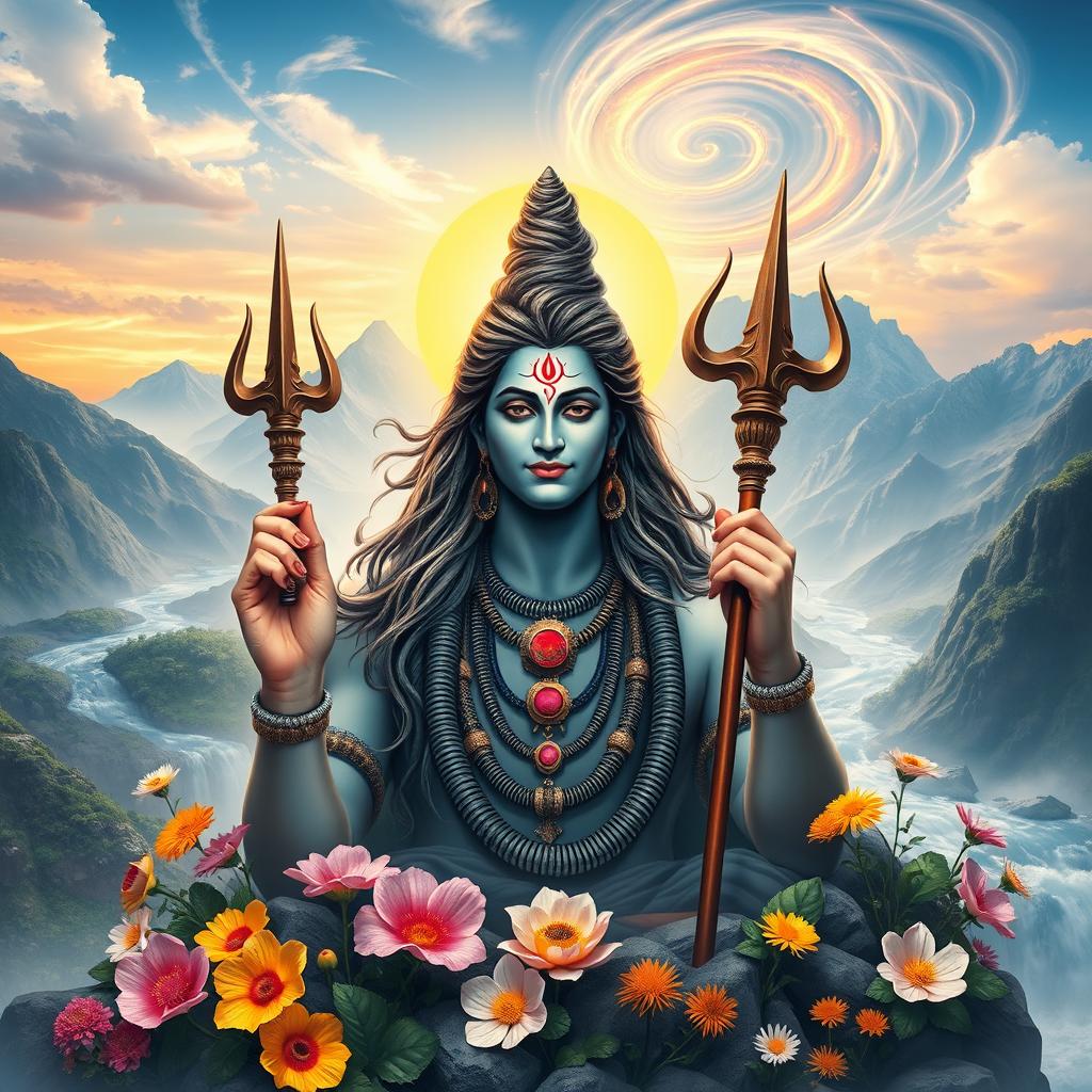 A majestic depiction of Lord Mahadev, the Hindu god Shiva, surrounded by elements symbolizing his divine nature