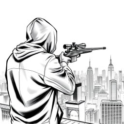 A black and white drawing featuring a man in a hooded jacket, viewed from the back, standing on the roof of a tall building