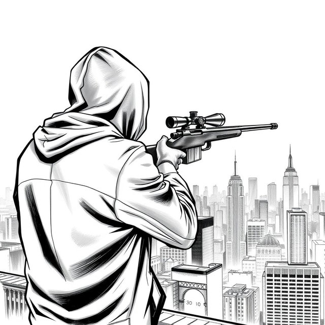 A black and white drawing featuring a man in a hooded jacket, viewed from the back, standing on the roof of a tall building